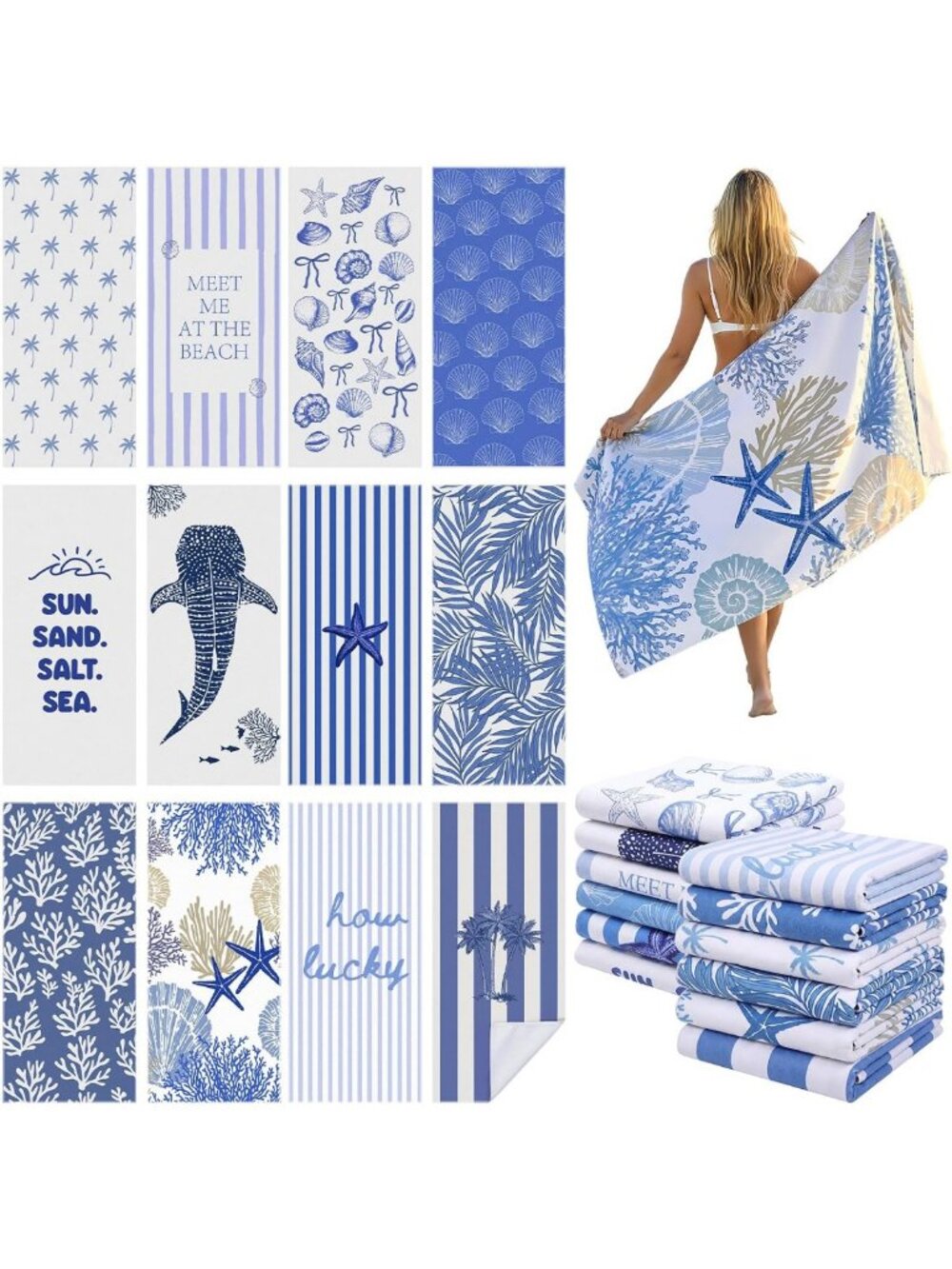12 Pack Large Microfiber Beach Towels - Quick Dry, Absorbent, Coastal Seashell